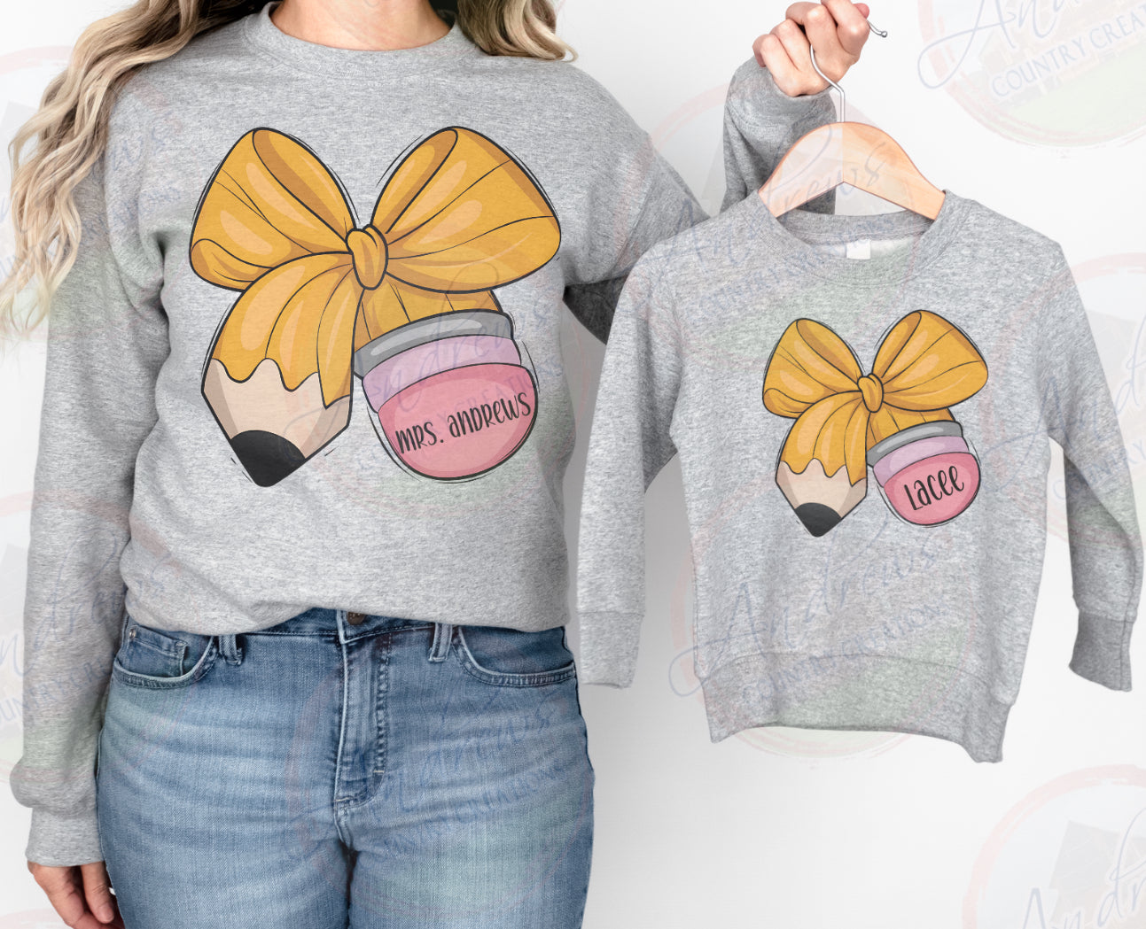 Pencil bow- Custom name- crewneck