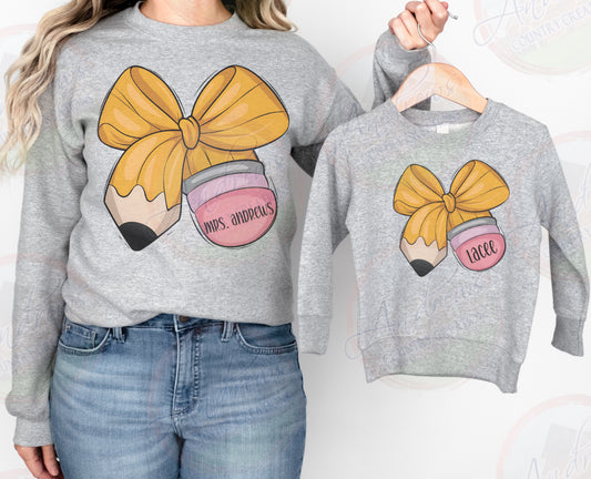 Pencil bow- Custom name- crewneck