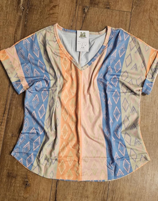 V neck- orange/blue green