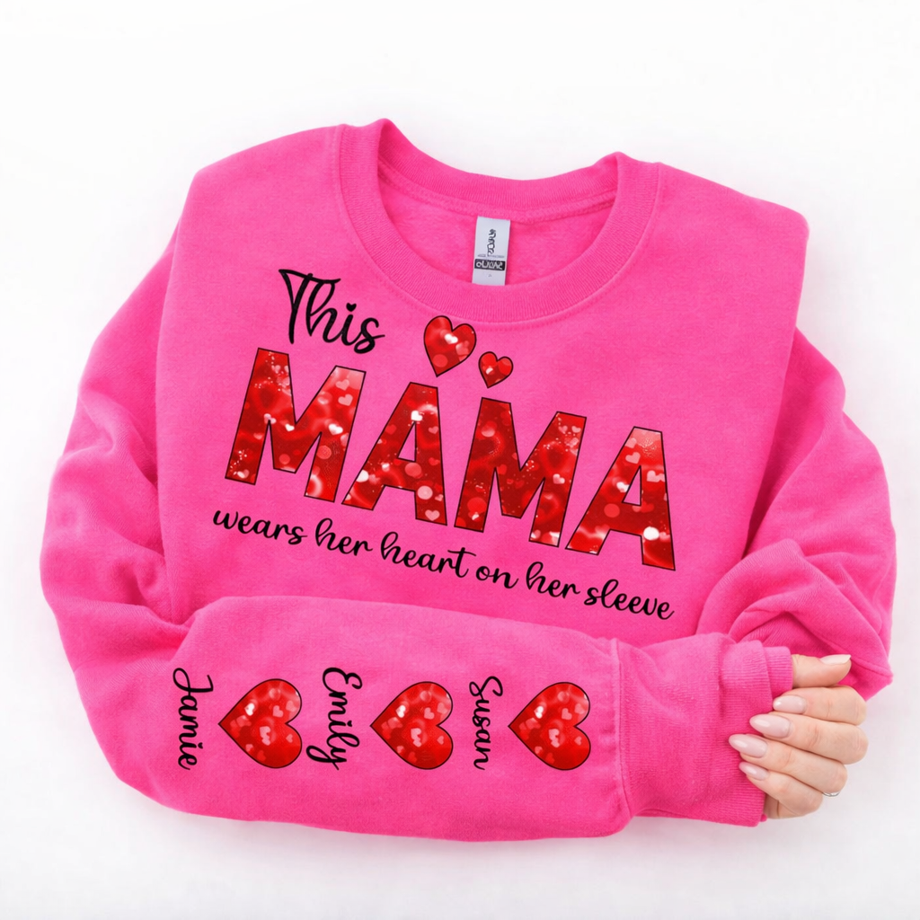 Neon pink- This mama - custom hearts on sleeve- Crewneck